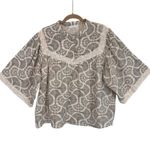 Karlie Gray Lace Trim Cotton Blouse Top L Boho Cottagecore Vintage Floral Print